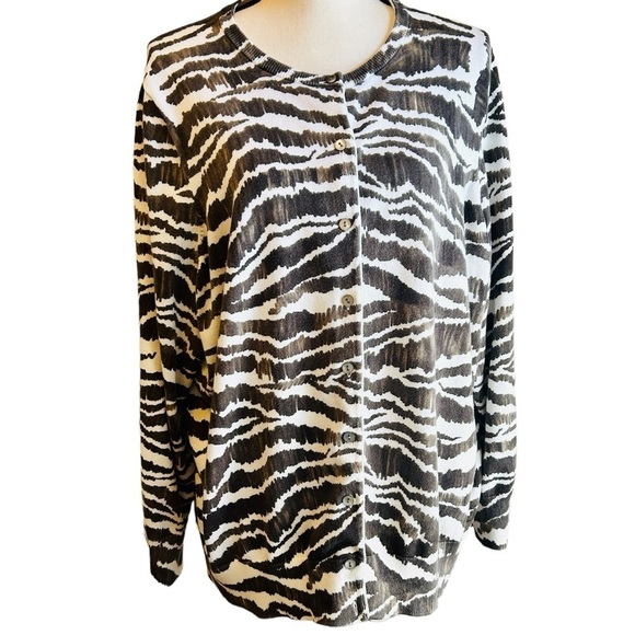 Lands' End Cardigan Sweater Zebra Print Black White Cotton Button Front size 2X - Picture 1 of 16
